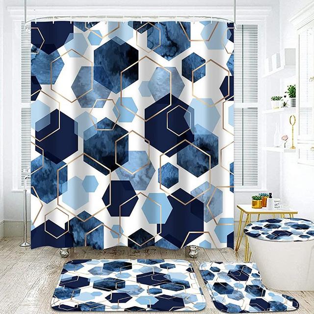 LQCOOL 4Pcs Blue Shower Curtain Set Modern Art Geometric Bathroom Set Navy Blue Abstract Bathroom Curtain Set with 12 Hooks, Bathroom Carpet Bath Mat and Toilet Rugs