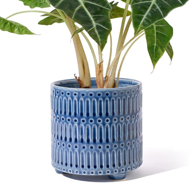 STHIE Ceramic Plant Pots Indoor with Drainage Holes 5.5 Inch Small Succulent Orchid Planter Pots Decorative Footed Round Flower Pots for Plants Indoor Outdoor, Reactive Glaze Blue