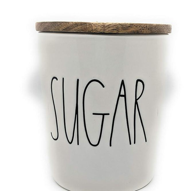 Rae Dunn by Magenta"SUGAR" in large letters LL Ceramic Cellar Canisters with Wood Lid