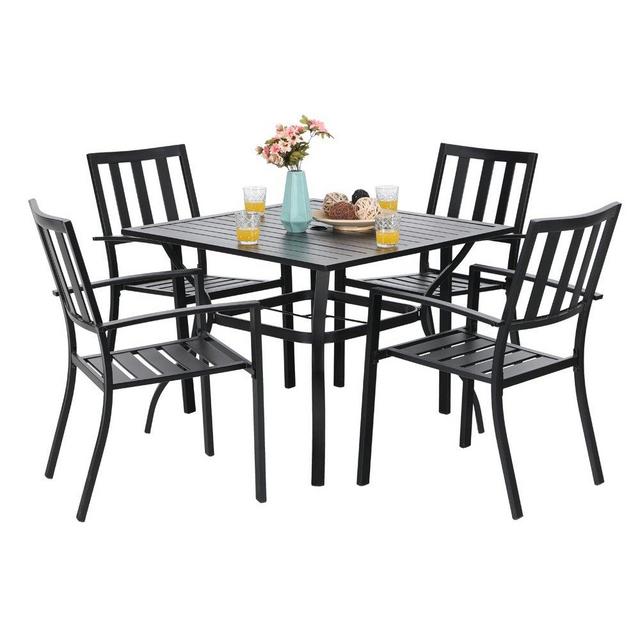 PHI VILLA 5 Piece Metal Outdoor Indoor 37" Square Dining Table and Arm Chairs - Umbrella Hole 1.57"
