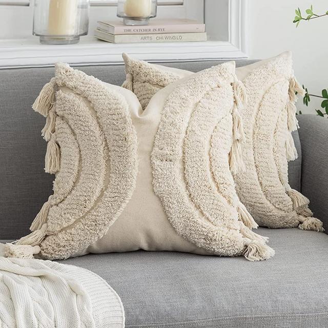 Foindtower Gorgeous Half Moon Accent Boho Tufted Decorative Throw Pillow Covers, Cozy Bohemian Rainbow Design Cotton Canvas Cushion Cover | Tassels Pillow Case Home Decor Natural White 2 Pack