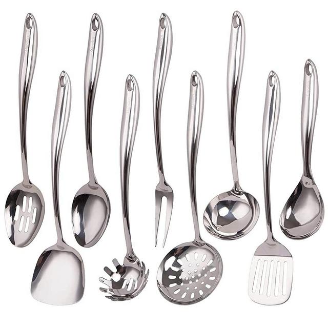 Stainless Steel Kitchen Utensil Set, Standcn 9 PCS Cooking Utensils - Solid Spoon, Slotted Spoon, Meat Fork, Spatula, Soup Ladle, Skimmer, Slotted Spatula, Spaghetti Server, Large Spoon