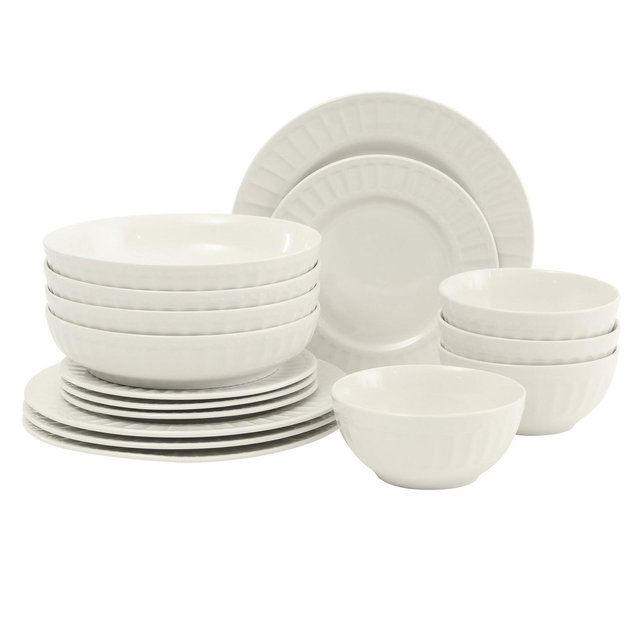 Gibson Home Melbourne White Plates and Bowls Set, 16 Piece Embossed Ceramic Dinnerware Set - Service for 4