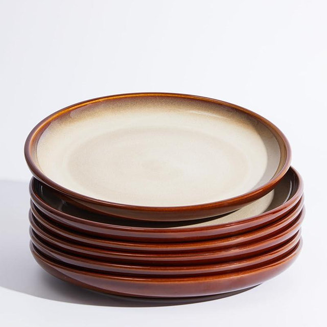 Pokini 10 Inch Dinner Plates Set of 6, Stoneware Round Salad Dessert Plates, Serving Plates, Microwave & Dishwasher Safe, Brown and Yellow