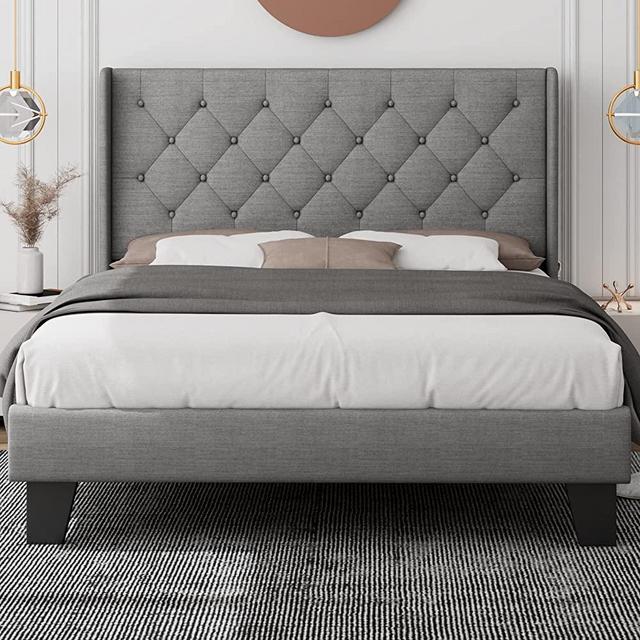 Feonase Upholstered Queen Bed Frame with Wingback, Platform Bed with Diamond Tufted Headboard, Heavy Duty Bed Frame, Wood Slat, Easy Assembly, Noise-Free, No Box Spring Needed, Light Gray
