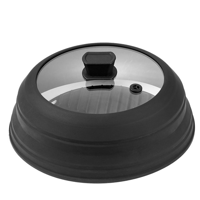 VEVOR Microwave Splatter Cover & Mat, 10.8" Collapsible Microwave Lid for Food, 500°F Heat-Resistant Silicone & Tempered Glass Splatter Guard, Black