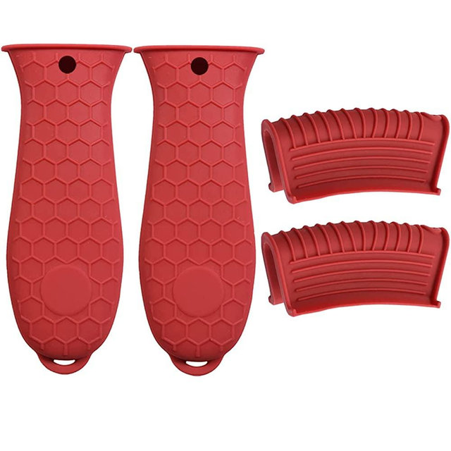 HZMM 4 Pack Silicone Hot Handle Holder, Assist Pan Handle Sleeve Pot Holders Cast Iron Skillets Handles Grip Covers Nonslip Heat Resistant for Pots Enameled Casserole Metal Frying Pans Cookware, Red