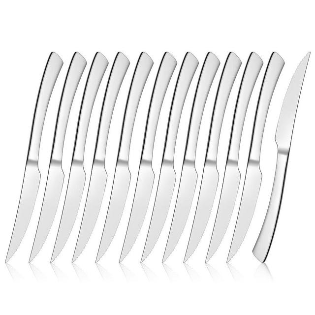 E-far Serrated Steak Knives Set of 12, Stainless Steel Dinner Knife for Home Kitchen Restaurant, 9 Inch Table Knife with Ergonomic Handle and Sharp Tip & Blade, Mirror Silver & Dishwasher Safe