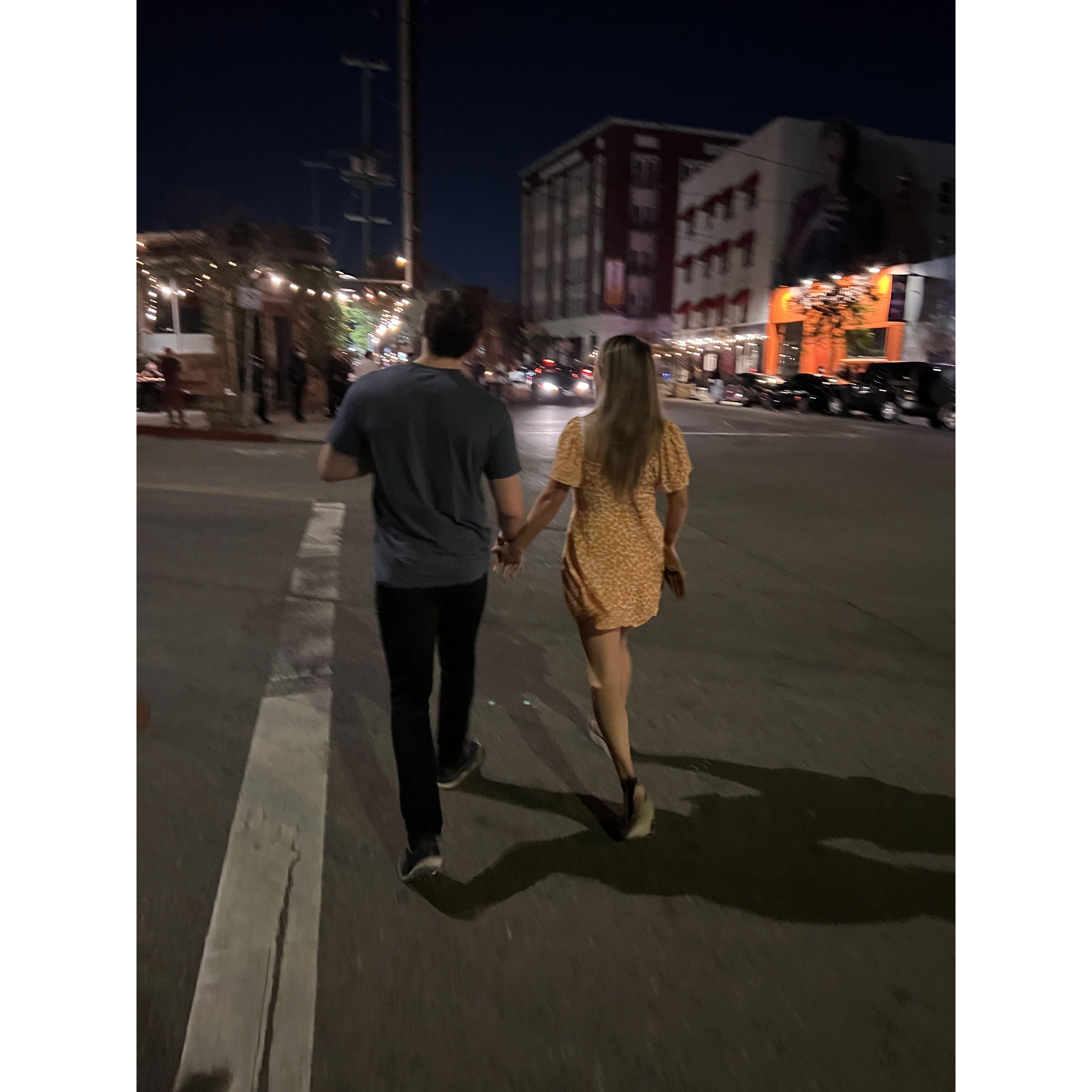 Jack's first time meeting a large group of Michelle's girlfriends who creepily took photos. Spot the DTLA Arts District Wurstkuche right in front where we had our first date.