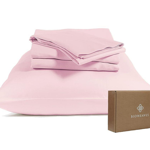 BIOWEAVES 100% Organic Cotton Sheets, 300 Thread Count 4-Piece GOTS Certified Bed Sheet Set Fits Mattress Upto 17" Deep Pocket, Soft & Silky Sateen Weave (Queen, Blush Pink)