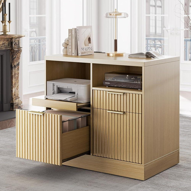 Perledesign 3 Drawer File Cabinet, Fluted Wood Lateral Filing Cabinet with Charging Station for Home Office, Fits for A4/Letter-Sized Files, Printer Stand with Open Storage Shelves, Light Walnut