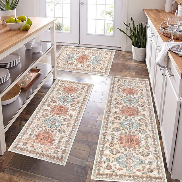 Pauwer Farmhouse Kitchen Rugs Sets of 3, Kitchen Runner Rugs Non Slip Washable, Boho Kitchen Mats for Floor, Indoor Door Mat Entrance, Laundry Room Rug, Thick Kitchen Floor Mat Carpet