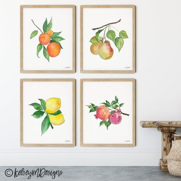 Fruit Set of 4 Watercolor Paintings | Size 5x7 with Mat