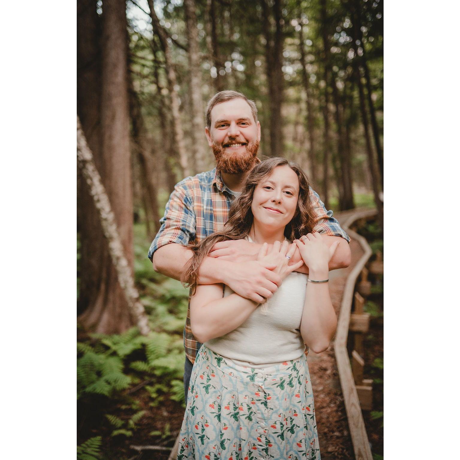 Engagement photos taken on the White Cedar Segment of the Ice Age Trail at the Rice Lake Preserve in June 2025 by the fabulous Sara Griena: AnaFinn Photography, www.anafinnphotography.com