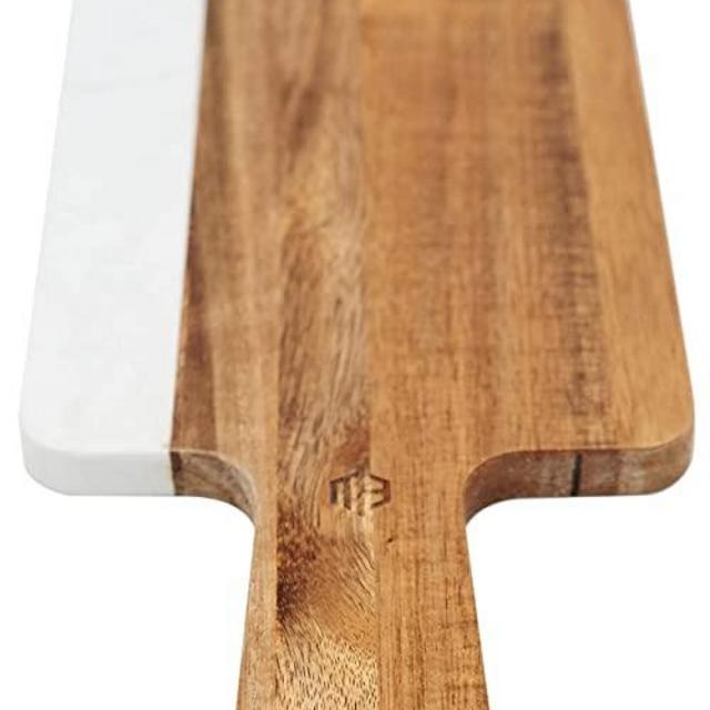 Acacia Wood and Faux Marble Cheese Board with Handle, Charcuterie Platter for Wine, Cheese, Meat
