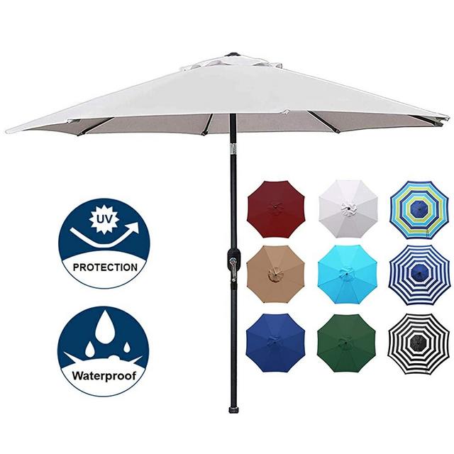 Blissun 9' Outdoor Aluminum Patio Umbrella, Striped Patio Umbrella, Market Striped Umbrella with Push Button Tilt and Crank (Grey)