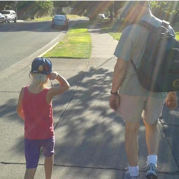 Jeff meets granddaughter, walking to an EM's game