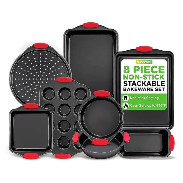 NutriChef 8-Piece Nonstick Carbon Steel Bakeware Set with Red Silicone Handles