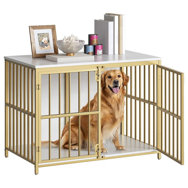 HOOBRO 38.6" Dog Crate Furniture, Wooden Dog Kennel Indoor, Heavy Duty Dog Cage for Small/Medium Dog, Decorative Side End Table, White and Gold DW100GW03