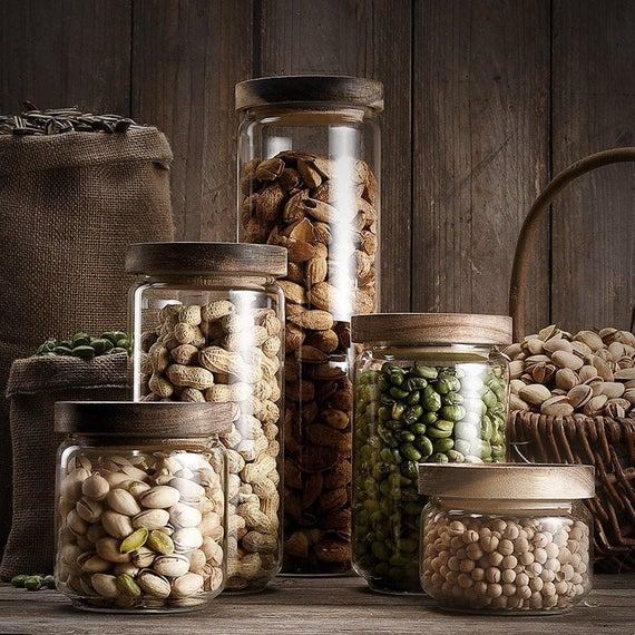 5Pcs Kitchen Glass Jar with Wood Lid Storage