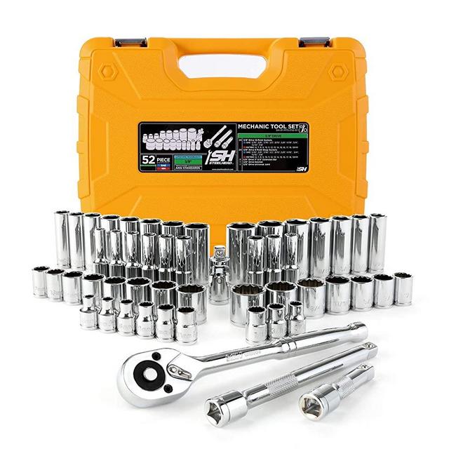STEELHEAD 52-Piece Mechanics Tool & Socket Set (ANSI Grade), SAE & Metric, 3/8” 72-Tooth Quick-Release Ratchet, Standard & Deep 6 & 12 Pt. Sockets, Universal Joint & Extensions, Heavy-Duty Case