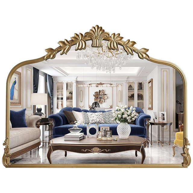 WallBeyond Gold Antique Mirror for Vanity 32x24 Inch, Gold Vintage Mirror with Ornate Frame, Arched Vintage Wall for Bathroom, Living Room, Fireplace