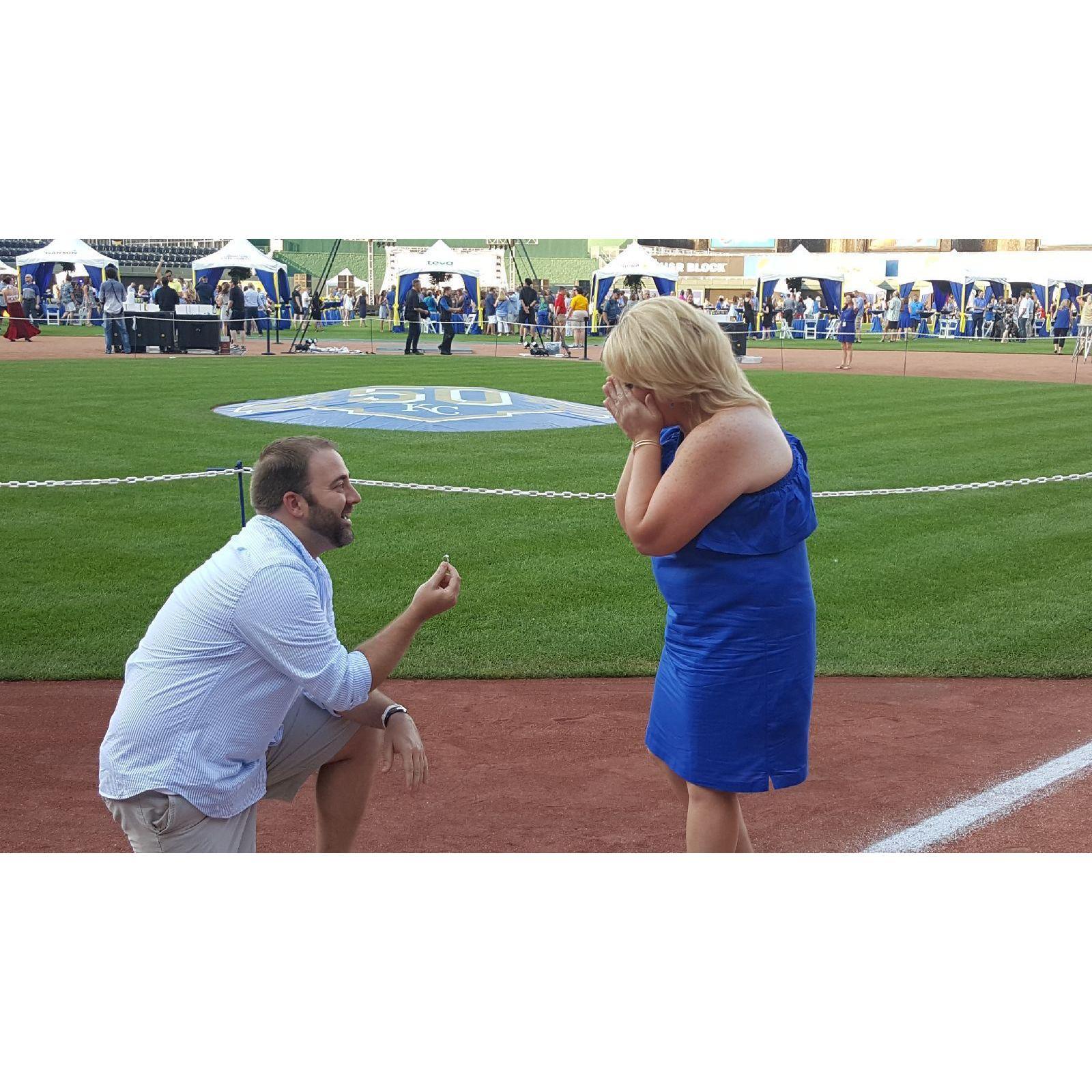 Nick proposed at home plate at the K during a Royals fundraiser!