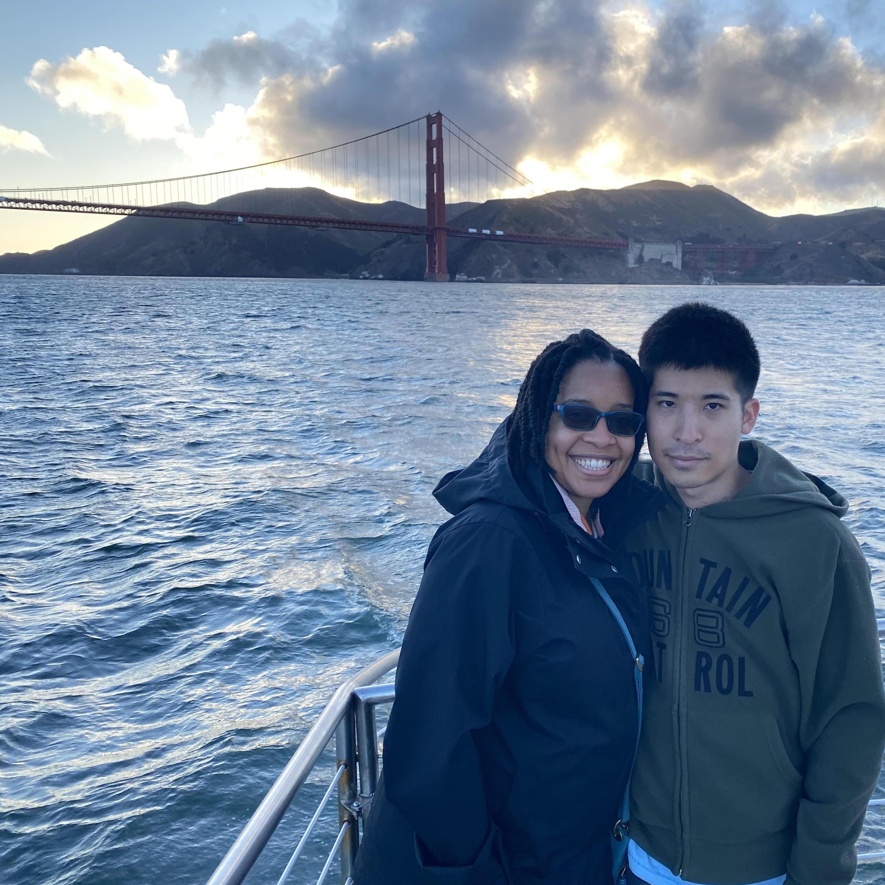 On a boat cruise under the San Francisco bridge with Aki's sister Lisa, and Michael