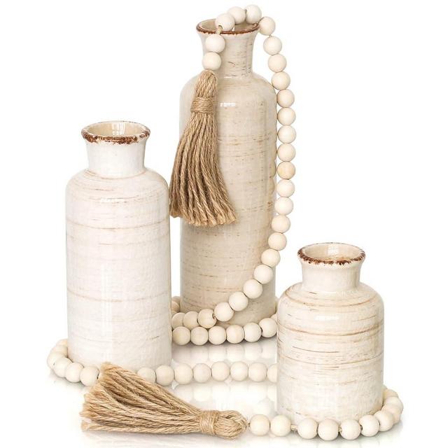 Eyamumo Small Ceramic Vase Set with Farmhouse Beads for Home Decor, Rustic Ceramic Vases Set of 3 58in Wood Bead Garland with Tassels for Modern Farmhouse, Entrance, Fireplace, Table, Mantle Décor