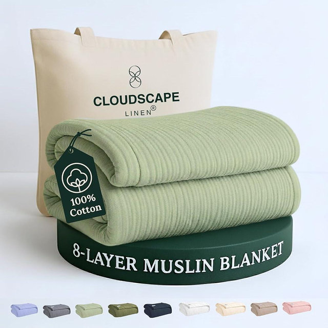 Cloud Scape Linen 8-Layer Muslin Blanket King Size for Adult - 100% Cotton, Breathable and Soft, Perfect Winter Cozy Blanket, Fits up to California King Bed, 92x108, Seafoam