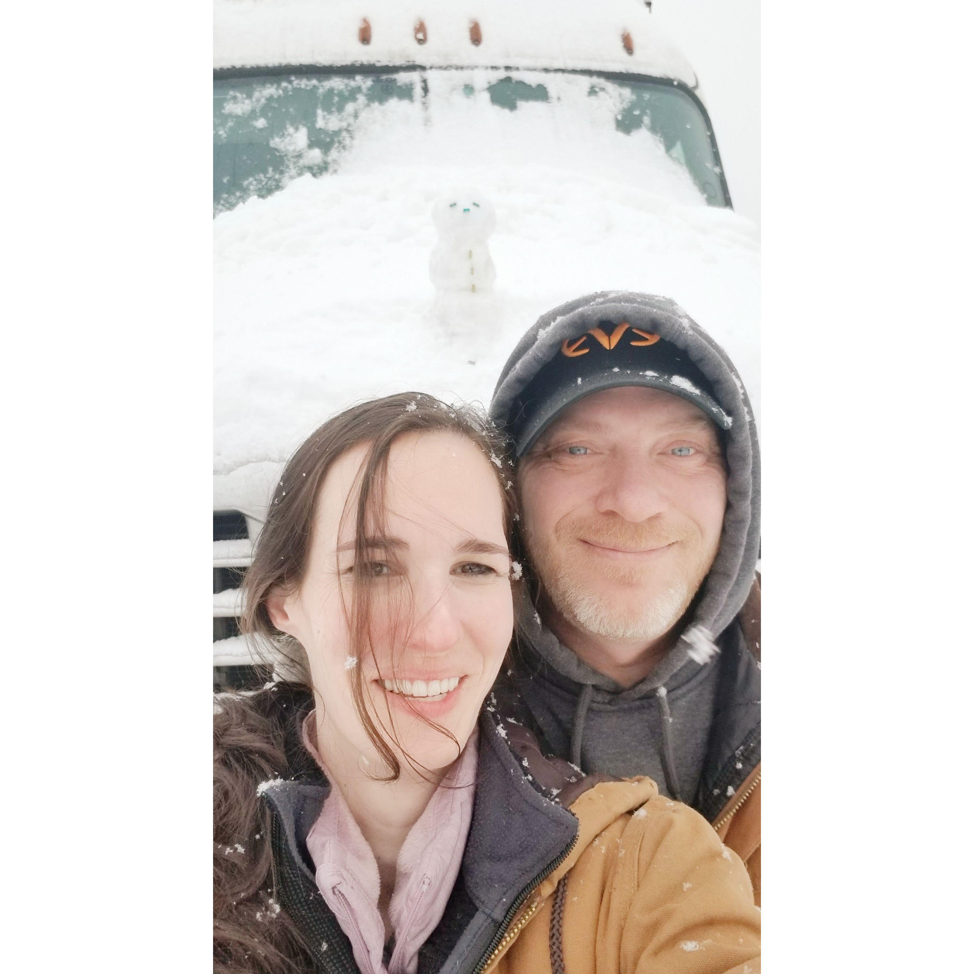 Our first snowman, on the hood of a fellow driver's truck!