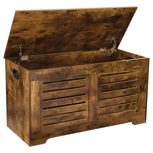 DINZI LVJ Storage Chest, Flip-Top Wooden Storage Bench with 2 Safety Hinges, Retro Entryway Shoe Bench, Sturdy Large Storage Trunk for Living Room, Bedroom, Easy Assembly, Rustic Brown