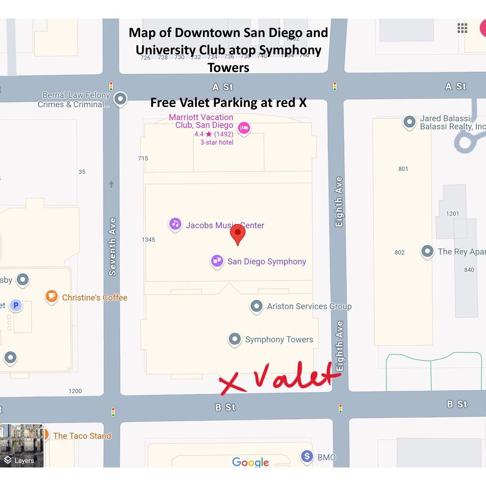 Map to free valet parking at reception venue University Club atop Symphony Towers
