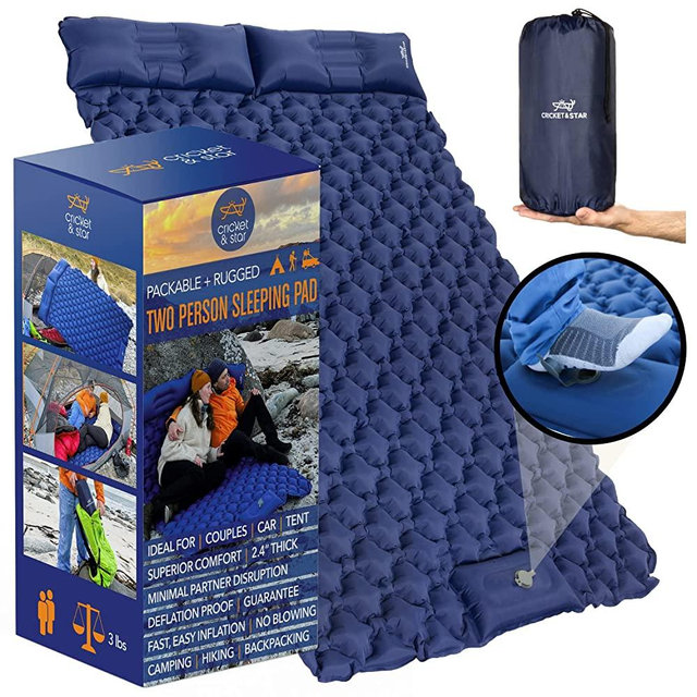 Double Sleeping Pad – Inflatable Queen Camping Mattress 2 Person with Built-in Foot Pump + Pillows - Light and Compact Camping Pads for Sleeping Two People - Hiking, Backpacking, Tent, Car Camping