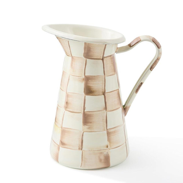 MACKENZIE-CHILDS Practical Enamel Pitcher with Spout, Drink Pitcher for Iced Tea or Water, Flower Vase, Medium, Brown-and-White Mocha Check