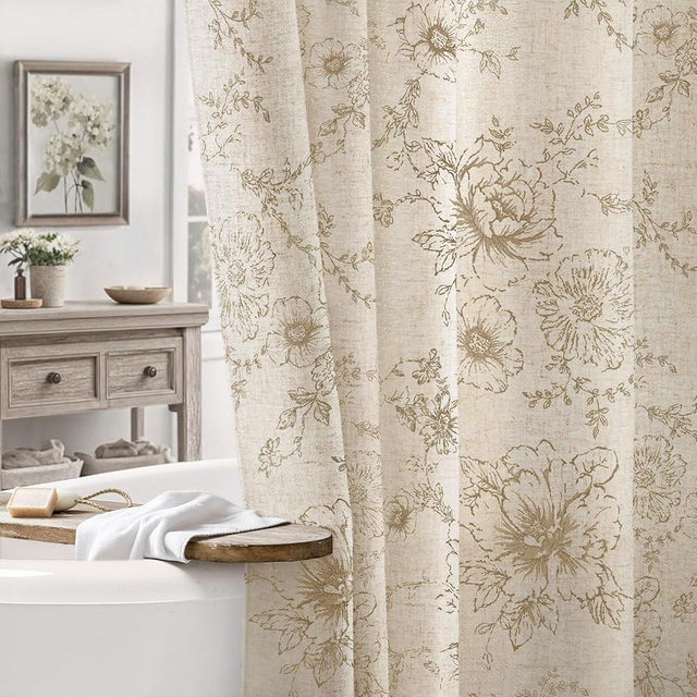 NDDYCU Farmhouse Floral Linen Shower Curtain, Vintage Beige Pattern Rustic Shower Curtains for Bathroom, Tan Taupe,72x72