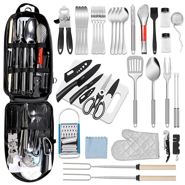 PRETTYFINE 35 Pcs Camping Kitchen Utensil Set Outdoor Kitchen Gear, Outdoor Cooking and Grilling Utensil Travel Set Perfect for Camping Accessories Cooking, RV Camp. Camping, BBQs, Parties and More