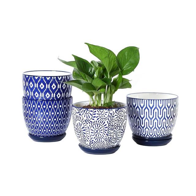Selamica Ceramic Plant Pots, 5.6 Inch Flower Pots for Indoor Plants with Drainage Hole and Saucer,Home Decor, Set of 4, Vintage Blue