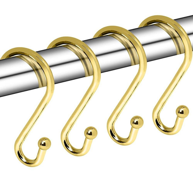 Metal Shower Curtain Hooks, Set of 12, Rust Proof Shower Curtain Hooks Rings, Durable S Shaped Hooks Hangers for Shower Curtains, Kitchen Utensils, Clothes, Towels (Gold)