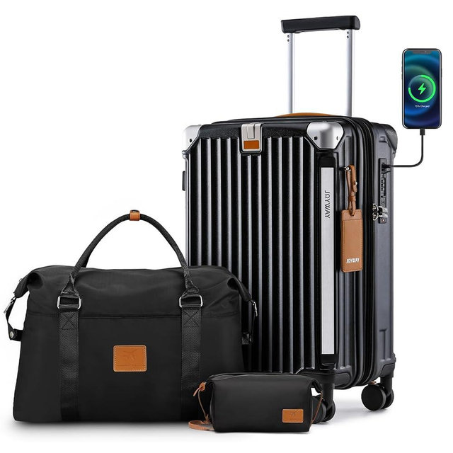 Joyway 20in Carry On Luggage with Cup Holder and USB Port, 25% Expandable Capacity, Smart Suitcase with Anti Slip Wheels and Handbag, Perfect for Men and Women 3 Piece Set Black