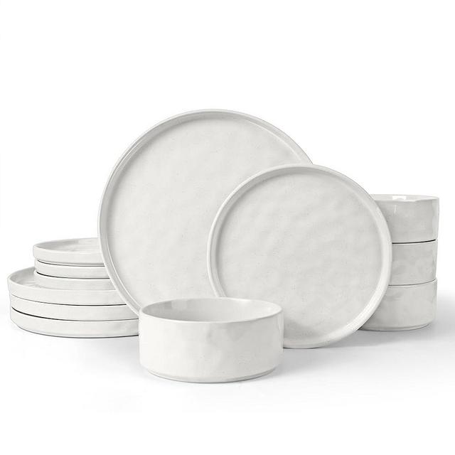 LIANYU 12 Piece Dinnerware Sets, Stoneware Dinner Plates and Bowls Sets, Wide Shallow Speckled Dishes Set for 4, Chip and Scratch Resistant, Microwave & Dishwasher Safe, Polar White