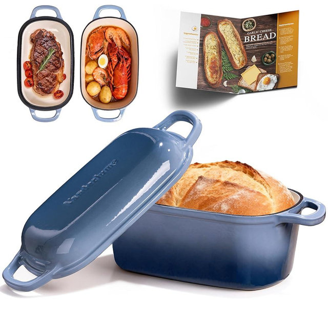 Vanderlume 4.6-Quart Oval Dutch Oven for Bread Baking, 2 in 1 Enameled Cast Iron Bread Pan with Lid, Sourdough Bread Dutch Oven for a Crispy Crust, Seasalt