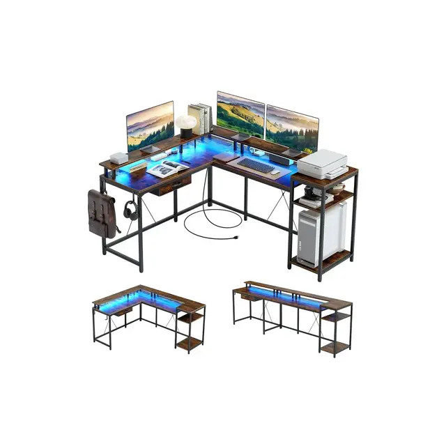 68" L Shaped Gaming Desk, Computer Desk with Power Outlets & LED Lights, Home Office Desk with File Drawer