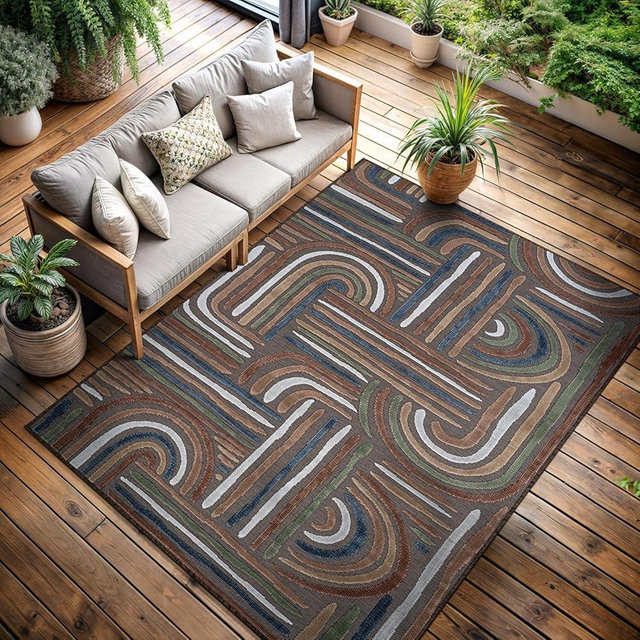 CAMILSON Indoor Outdoor Rug, Brown 8x10 Geometric Arch Striped Area Rugs for Patio and Home Areas, Easy-Cleaning Non-Shedding Living Room, Garden and Deck Washable Outside Carpet (8 x 10)