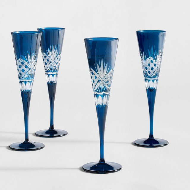 Antique Cut Champagne Flutes, Set of 4 - Blue