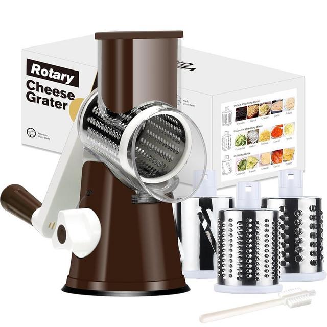 Cambom Cheese Grater Cheese Shredder - Cambom Rotary Cheese Grater Manual Vegetable Slicer with 3 Replaceable Stainless Steel Blades & Strong Suction Base Cheese Slicer with Cleaning Brush Brown