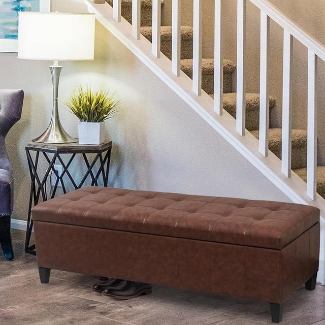 DECO DE VILLE Storage Ottoman PU Leather Tufted Entryway Storage Bench, Rectangular Upholstered Footrest for Living Room Bedroom, PU Brown
