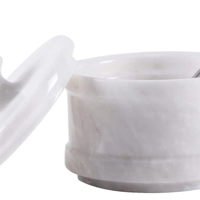 Radicaln Marble Salt Cellar White 4' Inch Handmade Sugar Bowl With Lid And Spoon - Spice Jar For Kitchen Set -Seasoning & Spice Tools Storage Container
