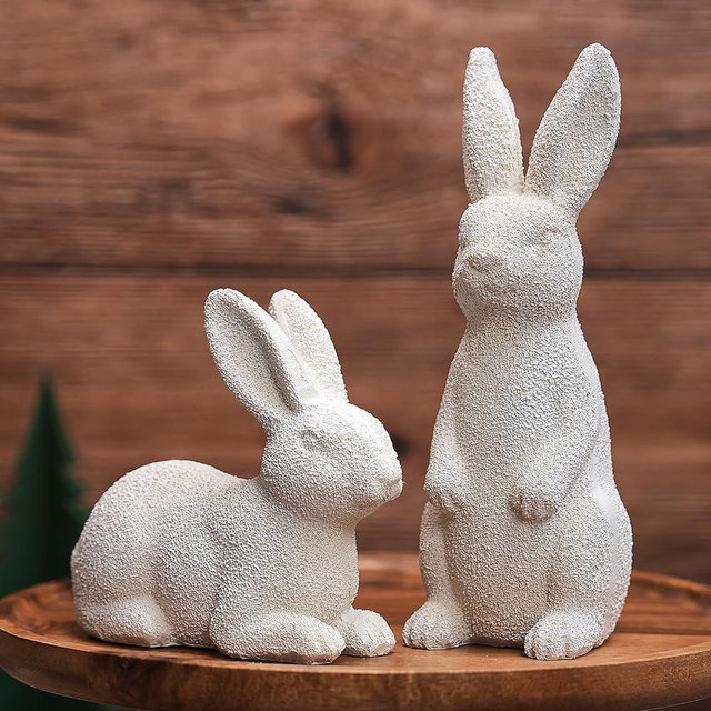 Easter Bunny Figurines, Resin Rabbit Figurines Set of 2, Beige Bunny Statues for Rustic Easter Decorations, Minimalist Bunnies Decor for Spring Table Centerpiece, Home, Farmhouse Mantle Shelf Decor
