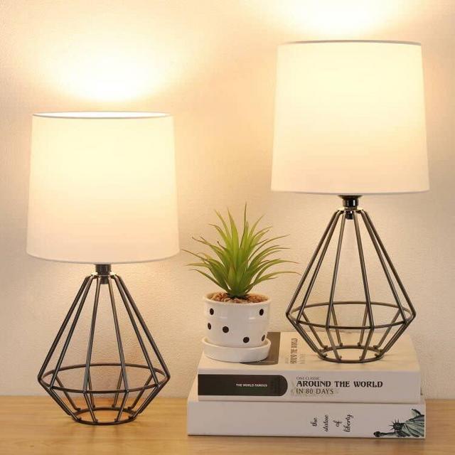 Set of 2 Table Lamp, Modern Bedside Lamp with Simple Black Metal Base, Fabric Shade for Nightstand Bedroom Living Room Office Working Reading (Bulb not Included)